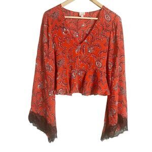 Cinq a Sept Jemma Red Floral Print Long Sleeve V-Neck Peplum Silk Top Size Small
